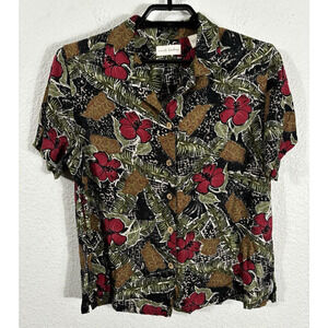 Marsh Landing Hawaiian Shirt Womens Size L Multicolor Floral Rayon Short Sleeve